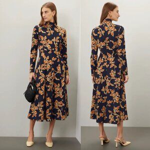 Tanya Taylor Floral Thea Midi Dress Black & Orange Print Long Sleeve Turtleneck